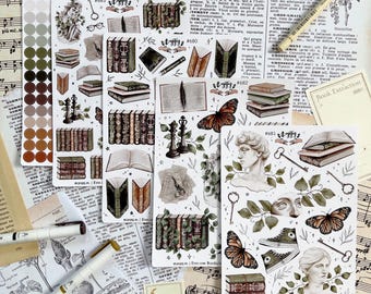 Academy Sticker Sheet Set | 5 Sticker Sheet for Bullet Journal | Stickers for Journal | Dark Academia | Books&Sculptures | Aesthetic Bujo