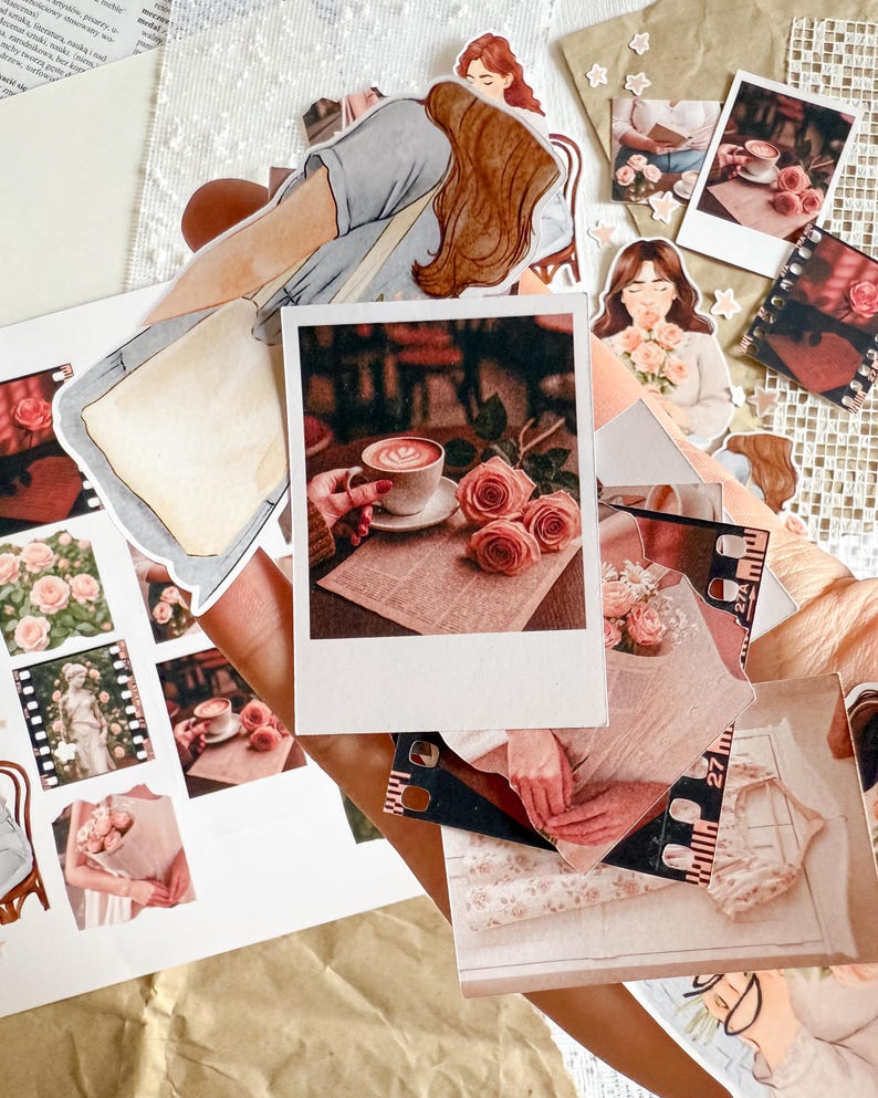 A hand holding several aesthetic cut-out stickers, including Polaroid-style images of coffee and roses, film strip frames, soft pink textures, and cozy lifestyle scenes. The background shows more stickers and the edge of the sticker sheet.