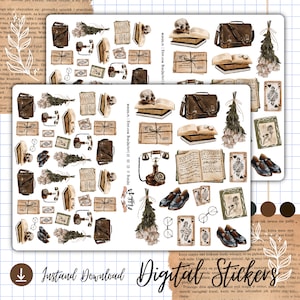 Puede incluir: Dos hojas de pegatinas digitales con ilustraciones de estilo vintage. Las pegatinas incluyen calaveras, libros, maletines, flores secas, naipes, zapatos y un tel&eacute;fono rotatorio. Tambi&eacute;n est&aacute; presente el texto "Instant Download" y "Digital Stickers".