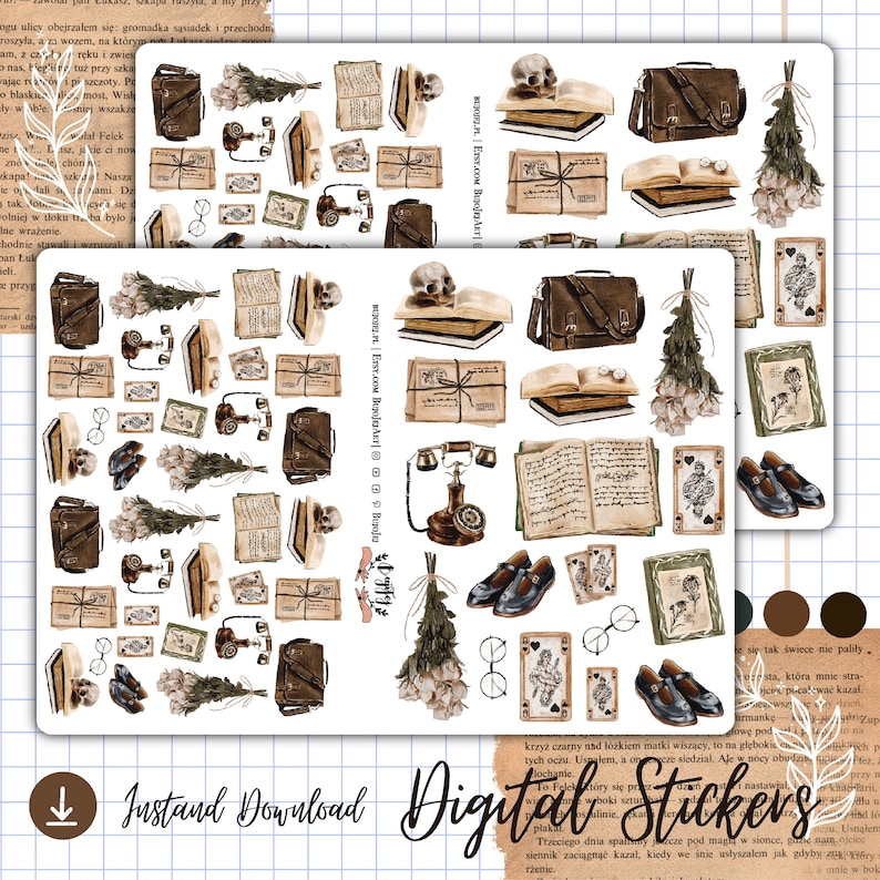 Puede incluir: Dos hojas de pegatinas digitales con ilustraciones de estilo vintage. Las pegatinas incluyen calaveras, libros, maletines, flores secas, naipes, zapatos y un tel&eacute;fono rotatorio. Tambi&eacute;n est&aacute; presente el texto "Instant Download" y "Digital Stickers".