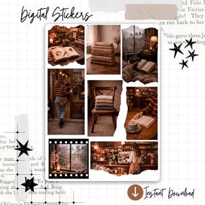 Può includere: Adesivi digitali con un collage di immagini estetiche e accoglienti. Il collage include pile di libri, libri aperti, una persona che entra in un negozio, una scena di finestra e un bar. Il testo "Digital Stickers" è in alto.