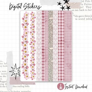 May include: Digital stickers featuring floral and patterned designs. The stickers include a border of pink cherry blossoms, a white and pink argyle pattern, and a pink gingham pattern. The words "Digital Stickers" are at the top.