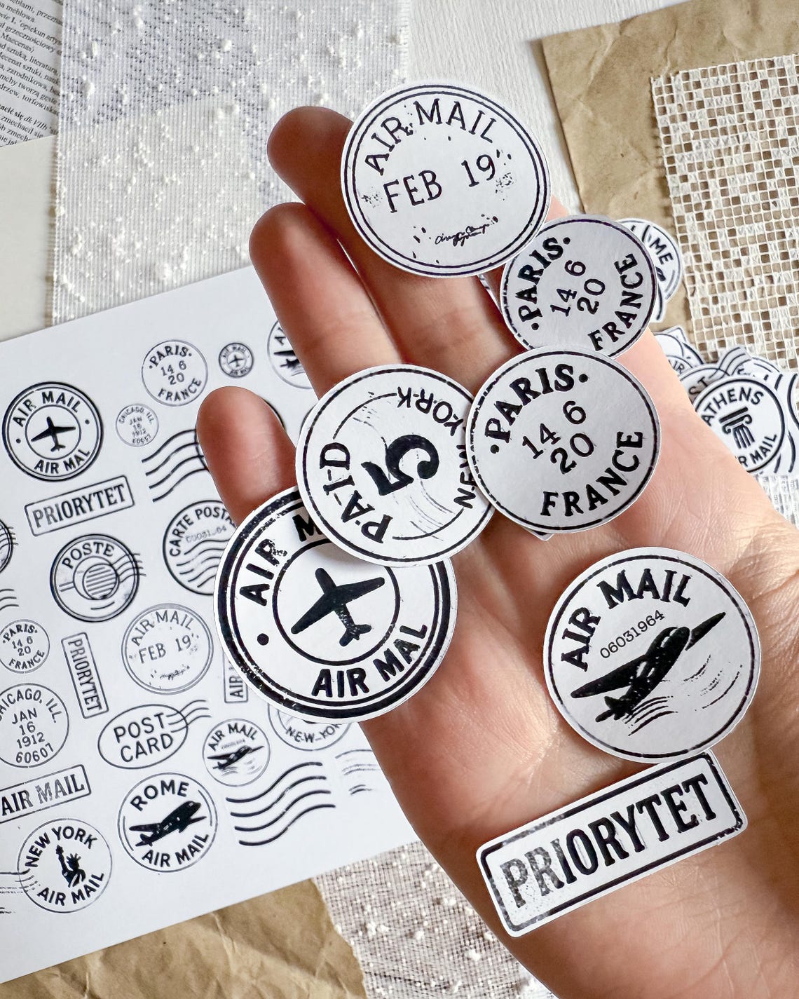 Mail Post Sticker Vintage Postal Stamp Digital Stickers - A4 Printable Air Mail ...
