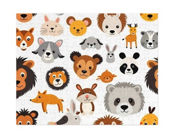 Animal face puzzle, available in 30 and 110 pieces, beautiful colorful, colorful background, detailed for children, metal box