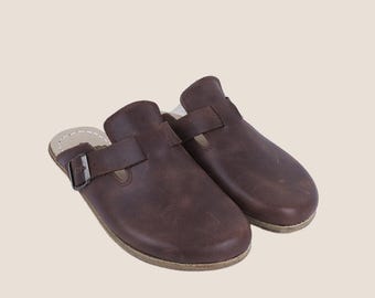 Handmade Dark Brown Leather Clog Sandals: Barefoot Zero Drop