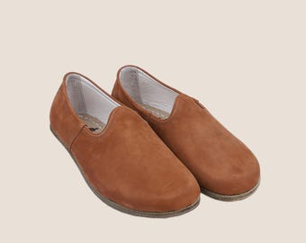 Handmade Tan Nubuck Leather Yemeni Shoes - Barefoot Slip Ons