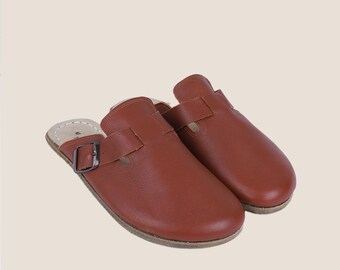 Handmade Brown Leather Clog Sandals: Barefoot Zero Drop Shoes