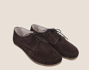 Handmade Brown Suede Oxford Shoes: Men's Leather Insole, Zero Drop