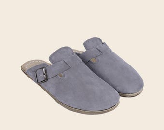 Sandalias descalzas tipo zueco hechas a mano: piel nobuk gris, caída cero