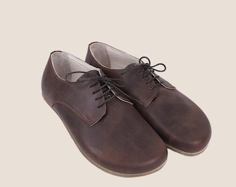 Handmade Barefoot Oxford Shoes: Dark Brown Crazy Horse Leather
