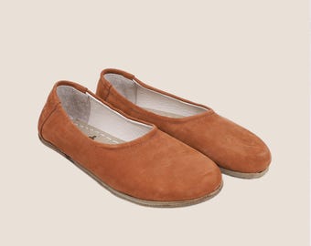 Handmade Tan Nubuck Leather Barefoot Ballet Flats: Zero Drop Shoes