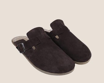 Handmade Barefoot Brown Suede Clog Sandals: Zero Drop, Natural Leather