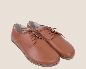 Handmade Barefoot Oxford Shoes: Tan Smooth Leather, Zero Drop
