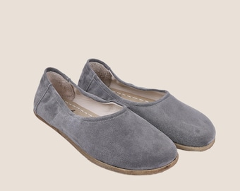 Handmade Gray Suede Barefoot Ballet Flats: Zero Drop Leather Shoes
