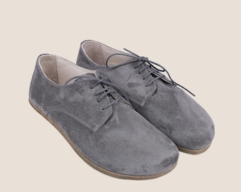 Handmade Gray Suede Oxford Shoes: Men's Leather Barefoot Shoes