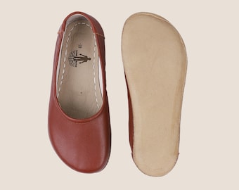 Handmade Brown Leather Barefoot Ballet Flats - Women's Zero Drop Shoes