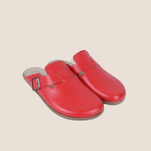 May include: A pair of red leather clogs. The clogs have a closed-toe design with a strap and buckle closure. The soles are a light brown color.