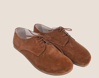 Handmade Tan Suede Oxford Shoes: Men's Barefoot Leather Dress Shoes