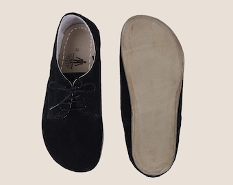 Handmade Black Suede Barefoot Oxford Shoes - Leather Insole