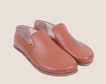Handmade Barefoot Leather Slip-On Shoes - Tan Smooth Leather - Women's