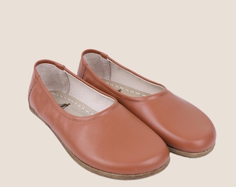 Handmade Barefoot Leather Ballet Flats: Tan Smooth Zero Drop Shoes