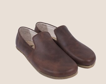 Handmade Dark Brown Leather Slip Ons: Barefoot Zero Drop Shoes