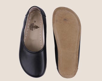 Handgemaakte zwarte leren blote voeten: balletschoenen zonder drop