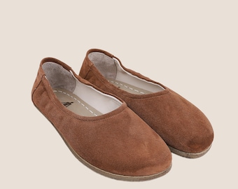 Handmade Tan Suede Leather Barefoot Ballet Flats: Zero Drop