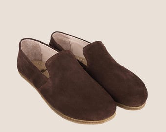 Handmade Brown Suede Leather Barefoot Slip-Ons: Natural Wide Toe Shoes