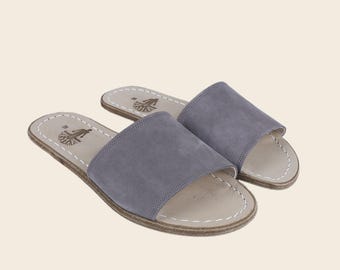 Sandalias descalzas de piel nobuk gris hechas a mano: Chanclas Zero Drop para mujer