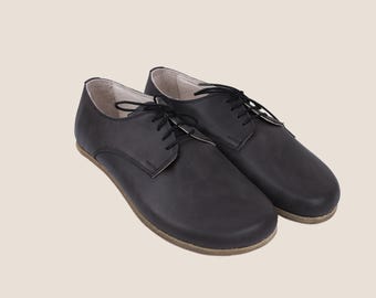 Handmade Women's Leather Oxford Shoes: Black Asphalt Crazy Leather, Zero Drop