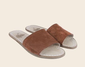 Handmade Tan Suede Leather Barefoot Slides: Zero Drop Sandals