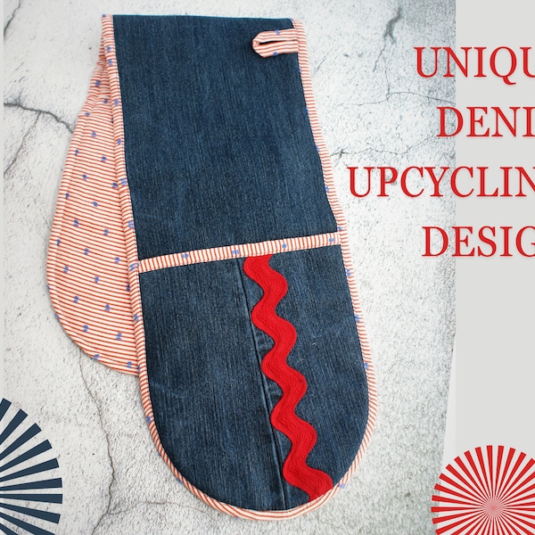 Denim Upcycled Double Oven Glove With Red Cotton Ric Rac Tape