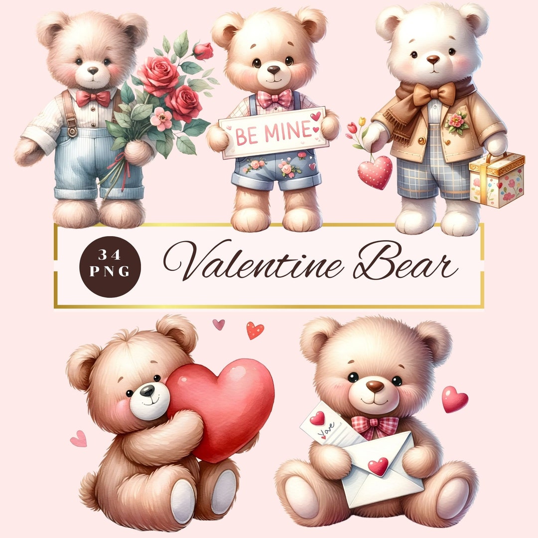 Watercolor Valentines Teddy Bear Clipart: Valentine's Day PNG Set (34 ...
