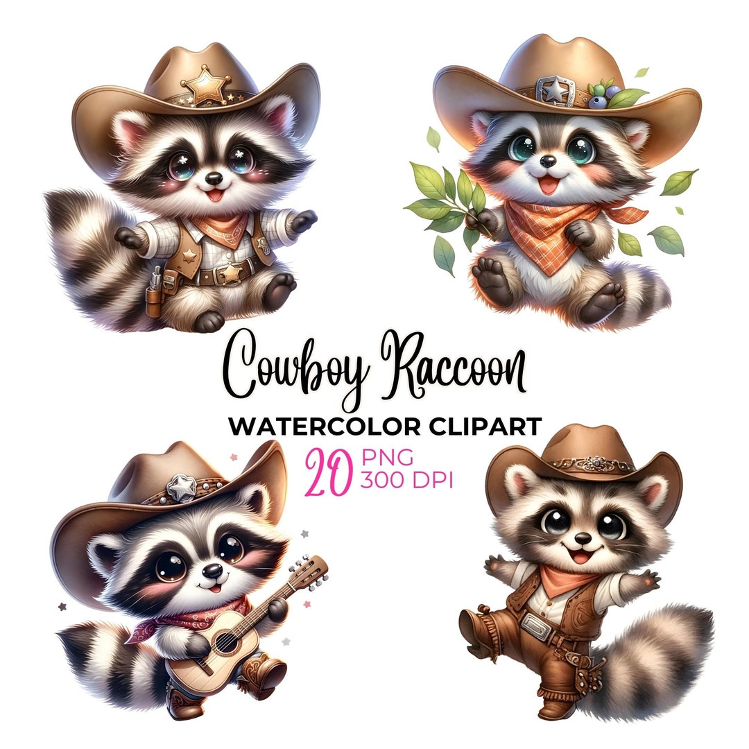 Watercolor Cowboy Raccoon Clipart: Western Animal PNG (digital Download ...