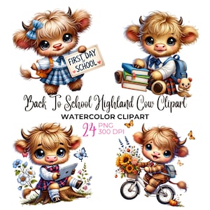 Aquarell Bild von Hochlandkuh in der Schule, Hochlandkuh in der Schule, Herbst Clipart, Babyparty