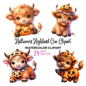 水彩ハロウィーンかわいいハイランド牛のクリップアート、ハイランド牛のPNG、ジャックオーランタン、不気味なハイランド牛、カボチャの秋、商用利用