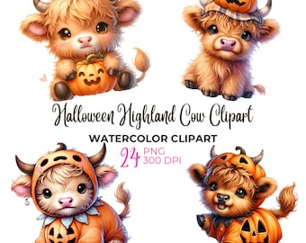 Watercolor Halloween cute highland cow clipart, highland cow PNG,  jack-o-lantern, spooky highland cow, pumpkin autumn, commercial use