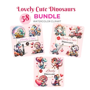 Paquete de imágenes prediseñadas de dinosaurios de acuarela para San Valentín, adorable y lindo dinosaurio PNG, camión de construcción de dinosaurios, día de San Valentín, baby shower de dinosaurios