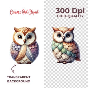 May include: A ceramic owl figurine with brown, green, and purple feathers. The owl has large, round eyes and a small beak. The figurine is painted in a realistic style.