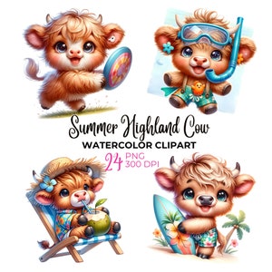 Acuarela vacaciones de verano vaca de las tierras altas clipart, vaca de las tierras altas bebé PNG, imágenes prediseñadas de la playa de verano, deporte de verano png, verano del mar, uso comercial