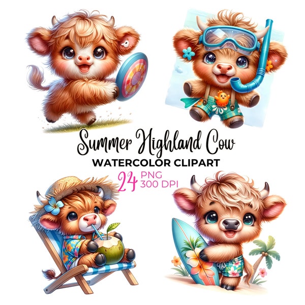 Watercolor summer vacation highland cow clipart, baby highland cow PNG, summer beach clipart, summer sport png,  sea summer, commercial use