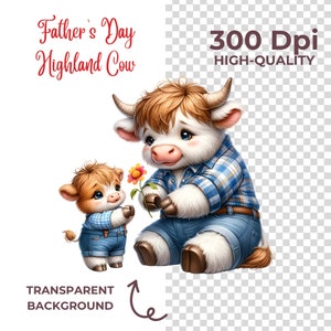 May include: A father and son highland cow, both wearing blue overalls and plaid shirts, with the son holding a flower. The father is sitting and the son is standing. The image has a transparent background.