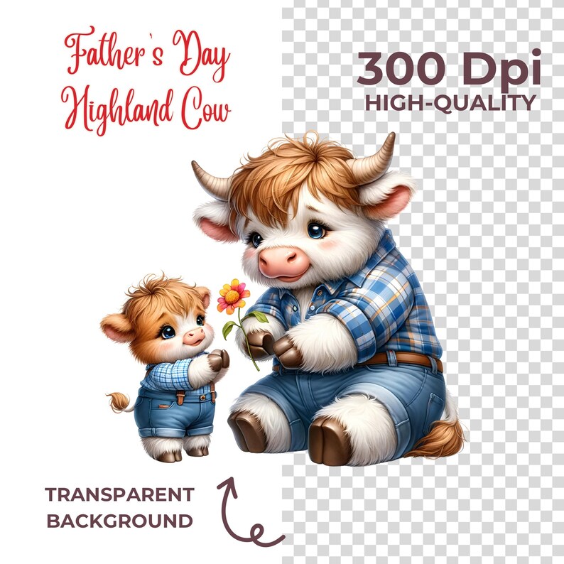 May include: A father and son highland cow, both wearing blue overalls and plaid shirts, with the son holding a flower. The father is sitting and the son is standing. The image has a transparent background.