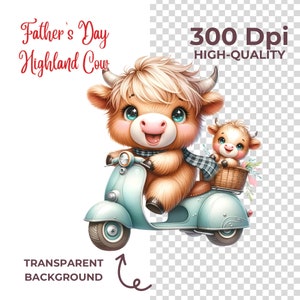 May include: A brown and white Highland cow with blue eyes is riding a blue scooter. A smaller brown and white Highland cow with blue eyes is sitting in a basket on the back of the scooter.