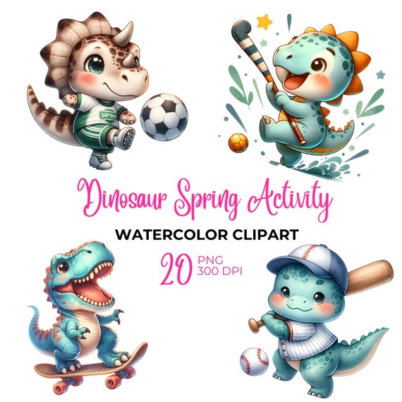 Watercolor Dinosaur Spring Sports Clipart, Nursery PNG (Digital Download)
