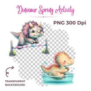 May include: Two cartoon dinosaurs, one jumping over a hurdle and the other swimming in a pool. The dinosaurs are colorful and have friendly expressions. The background is transparent.