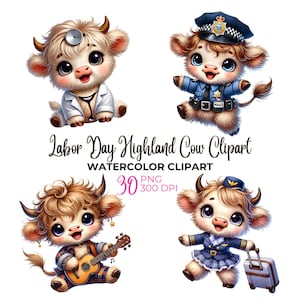 Akwarela Dzień Pracy highland krowa clipart, zawody highland krowa PNG, praca, kariera clipart, zawody dla dzieci, wymarzone prace, wykorzystanie komercyjne