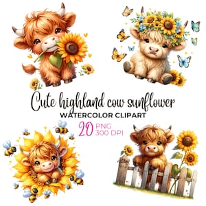 Aquarel zonnebloem hooglandkoe clipart, zonnebloem png, lentebloemen clipart, baby hooglandkoe png, zomer clipart, commercieel gebruik