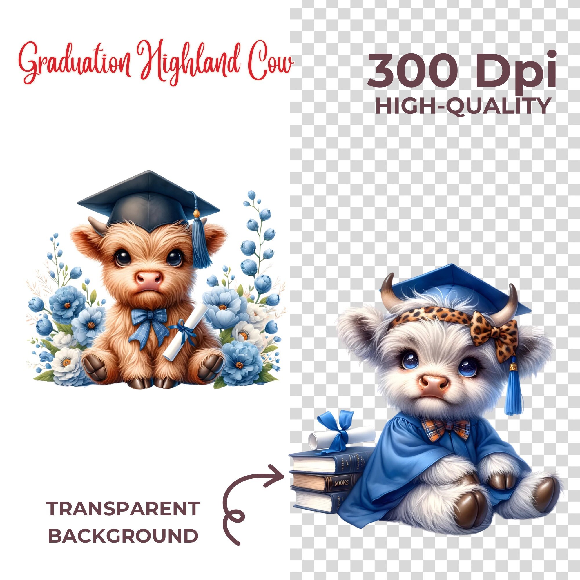 Watercolor Graduation Highland Cow Clipart: 14 PNG Images (commercial ...